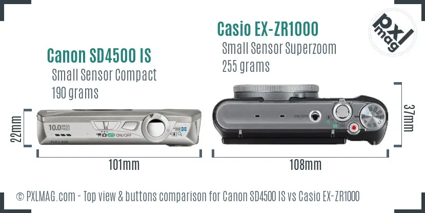 Canon SD4500 IS vs Casio EX-ZR1000 top view buttons comparison