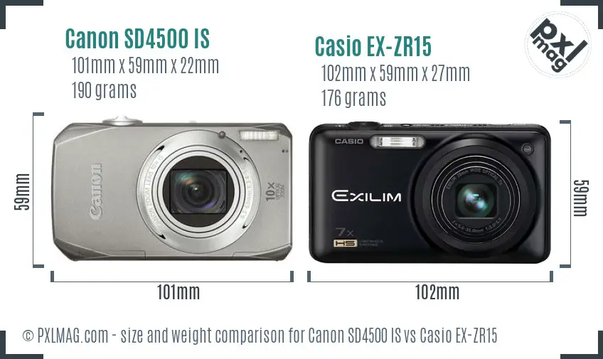 Canon SD4500 IS vs Casio EX-ZR15 size comparison