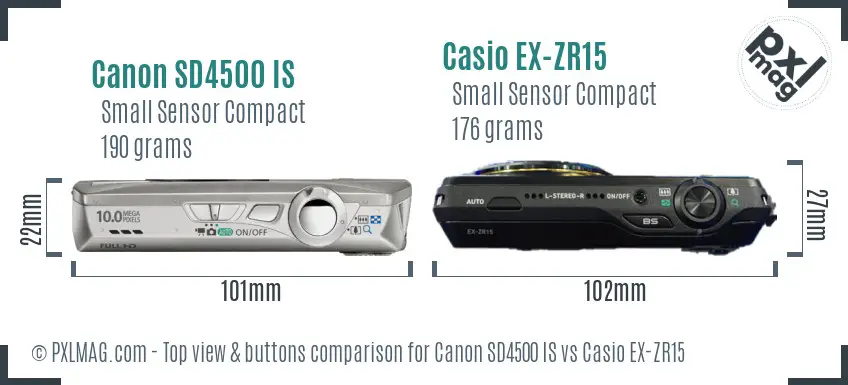 Canon SD4500 IS vs Casio EX-ZR15 top view buttons comparison