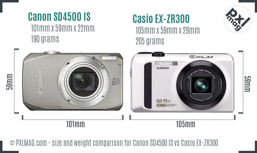 Canon SD4500 IS vs Casio EX-ZR300 size comparison