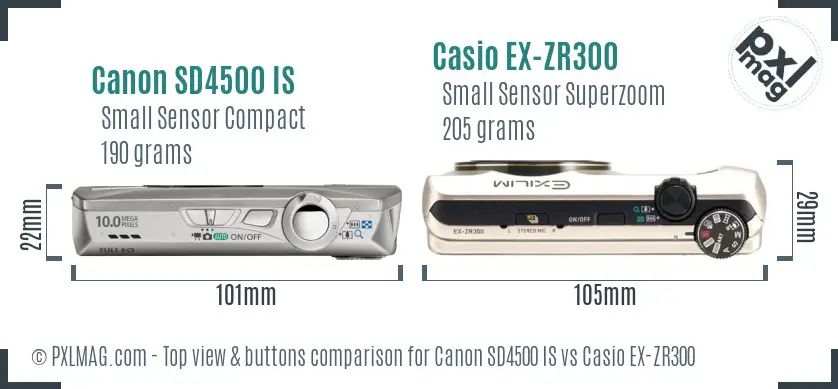 Canon SD4500 IS vs Casio EX-ZR300 top view buttons comparison