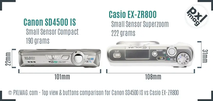 Canon SD4500 IS vs Casio EX-ZR800 top view buttons comparison Canon SD4500 IS vs Casio EX-ZR800 top view buttons comparison