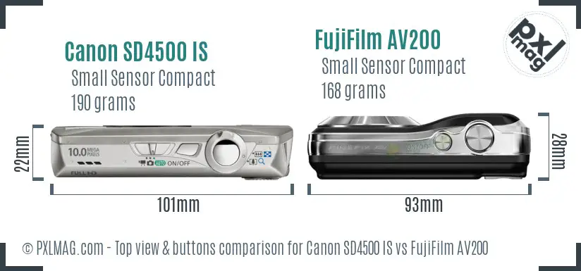 Canon SD4500 IS vs FujiFilm AV200 top view buttons comparison