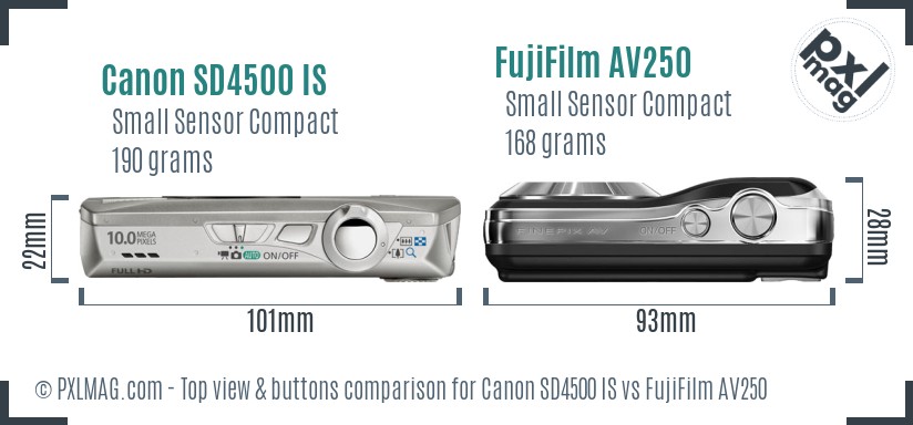 Canon SD4500 IS vs FujiFilm AV250 top view buttons comparison