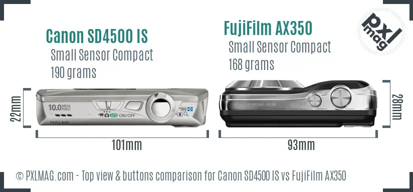 Canon SD4500 IS vs FujiFilm AX350 top view buttons comparison