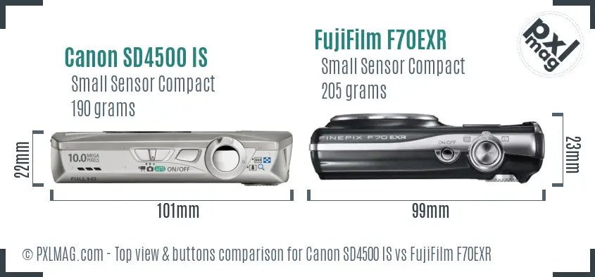 Canon SD4500 IS vs FujiFilm F70EXR top view buttons comparison