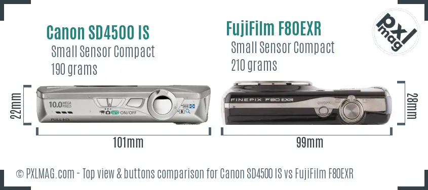 Canon SD4500 IS vs FujiFilm F80EXR top view buttons comparison