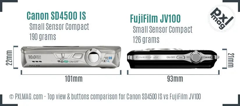 Canon SD4500 IS vs FujiFilm JV100 top view buttons comparison