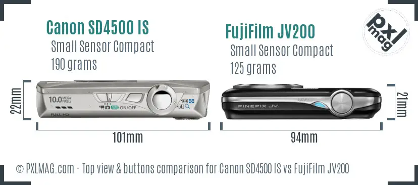Canon SD4500 IS vs FujiFilm JV200 top view buttons comparison