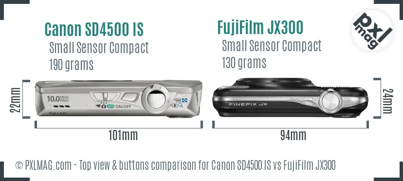 Canon SD4500 IS vs FujiFilm JX300 top view buttons comparison Canon SD4500 IS vs FujiFilm JX300 top view buttons comparison