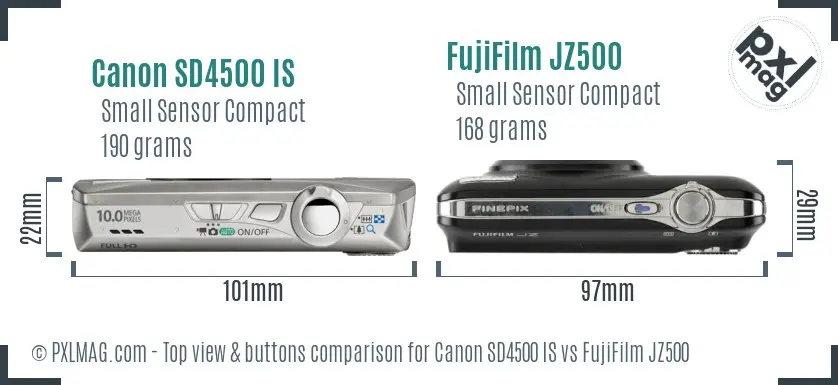 Canon SD4500 IS vs FujiFilm JZ500 top view buttons comparison Canon SD4500 IS vs FujiFilm JZ500 top view buttons comparison