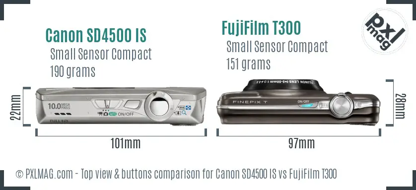 Canon SD4500 IS vs FujiFilm T300 top view buttons comparison