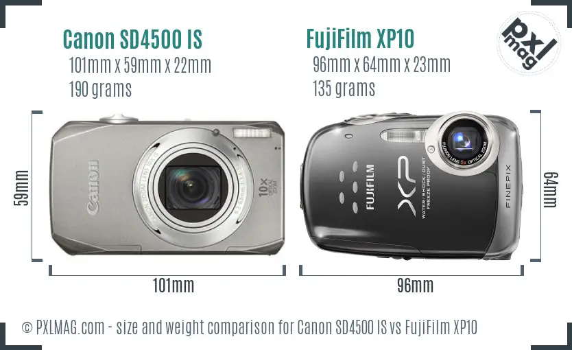 Canon SD4500 IS vs FujiFilm XP10 size comparison