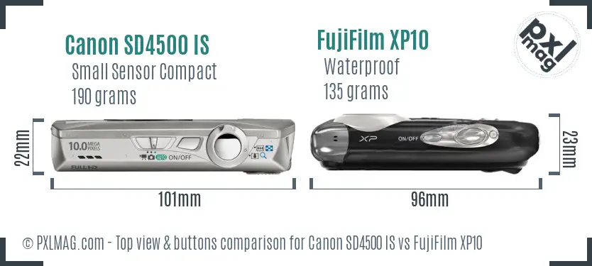 Canon SD4500 IS vs FujiFilm XP10 top view buttons comparison