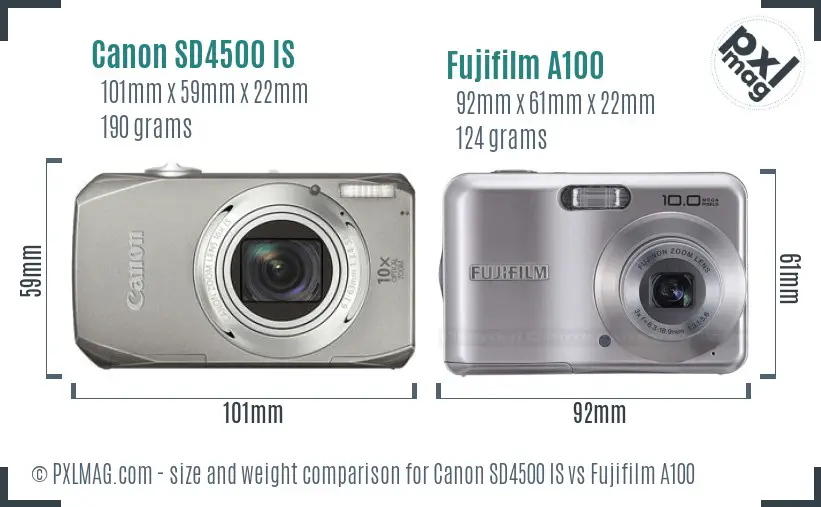 Canon SD4500 IS vs Fujifilm A100 size comparison