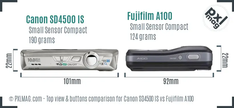 Canon SD4500 IS vs Fujifilm A100 top view buttons comparison