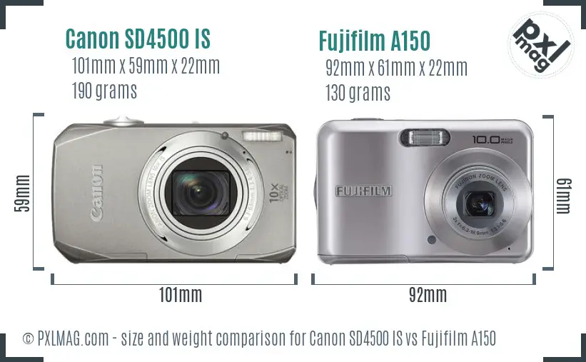 Canon SD4500 IS vs Fujifilm A150 size comparison Canon SD4500 IS vs Fujifilm A150 size comparison