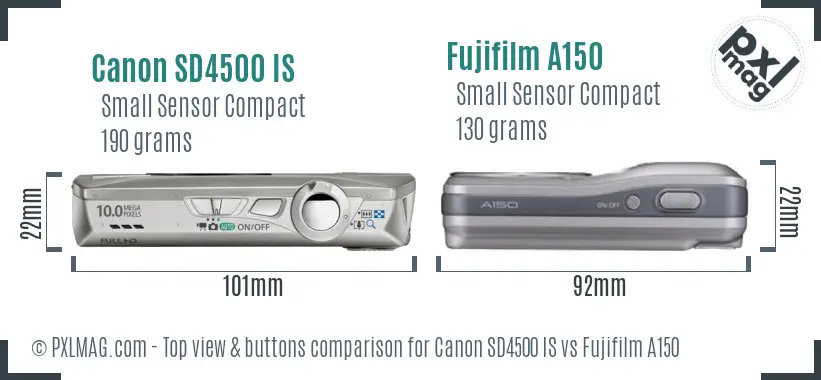 Canon SD4500 IS vs Fujifilm A150 top view buttons comparison Canon SD4500 IS vs Fujifilm A150 top view buttons comparison