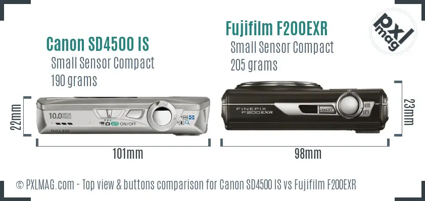 Canon SD4500 IS vs Fujifilm F200EXR top view buttons comparison
