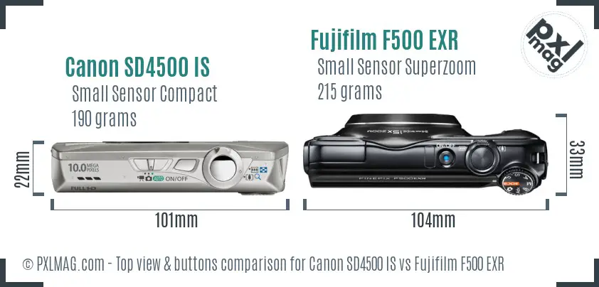 Canon SD4500 IS vs Fujifilm F500 EXR top view buttons comparison