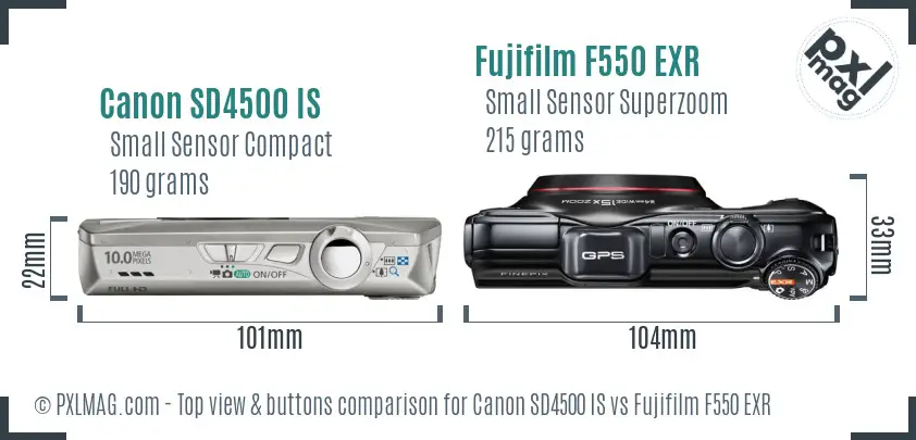 Canon SD4500 IS vs Fujifilm F550 EXR top view buttons comparison