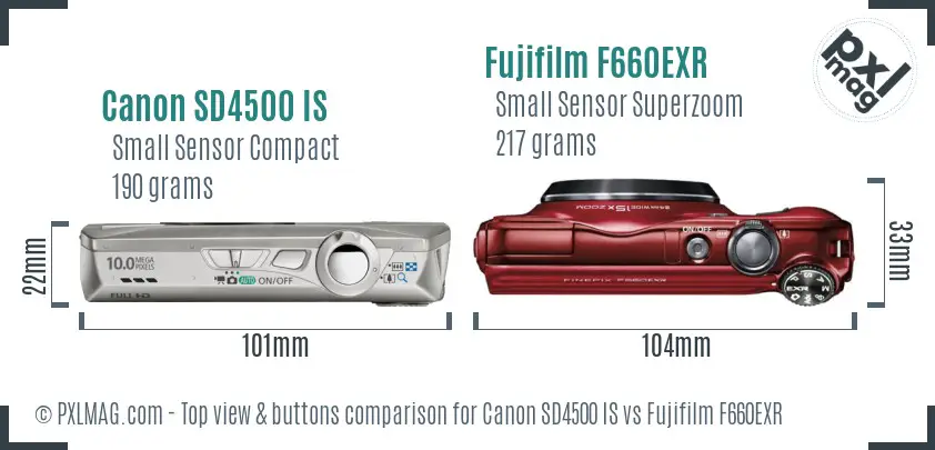 Canon SD4500 IS vs Fujifilm F660EXR top view buttons comparison Canon SD4500 IS vs Fujifilm F660EXR top view buttons comparison