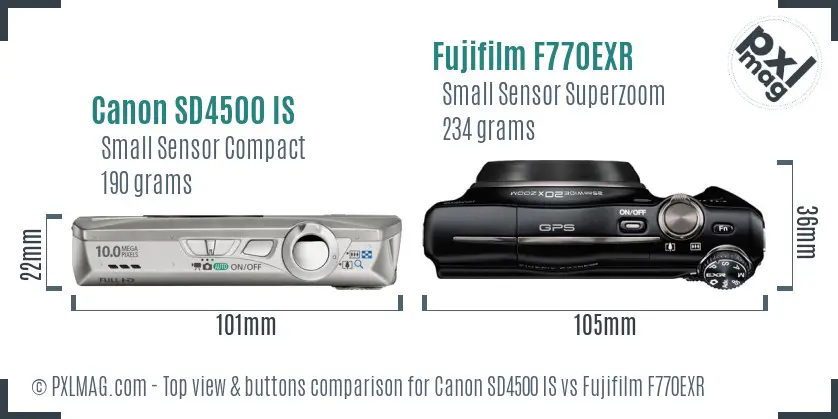 Canon SD4500 IS vs Fujifilm F770EXR top view buttons comparison