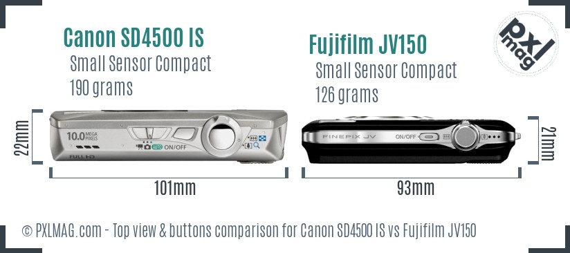 Canon SD4500 IS vs Fujifilm JV150 top view buttons comparison