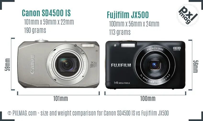 Canon SD4500 IS vs Fujifilm JX500 size comparison Canon SD4500 IS vs Fujifilm JX500 size comparison
