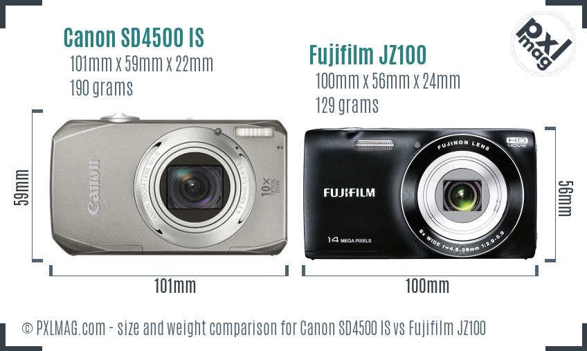 Canon SD4500 IS vs Fujifilm JZ100 size comparison Canon SD4500 IS vs Fujifilm JZ100 size comparison