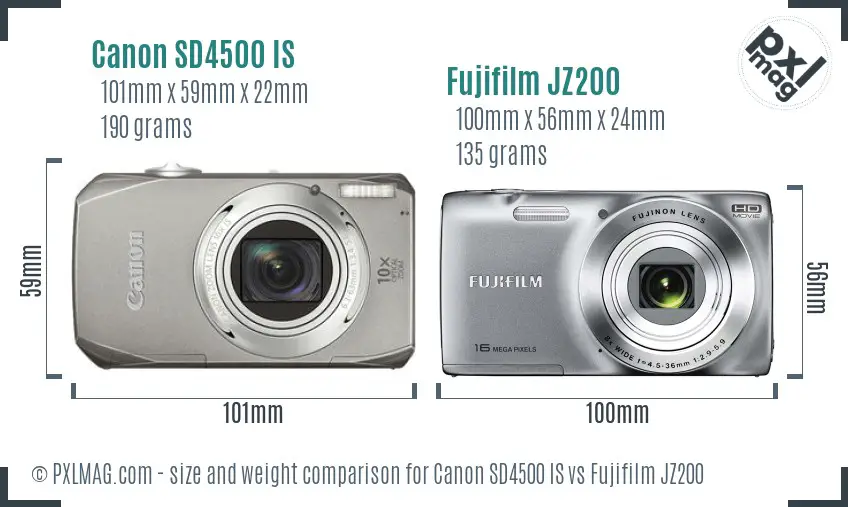 Canon SD4500 IS vs Fujifilm JZ200 size comparison