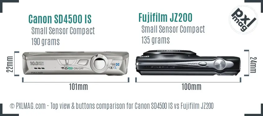 Canon SD4500 IS vs Fujifilm JZ200 top view buttons comparison