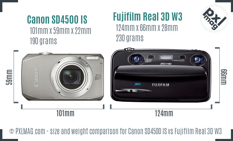 Canon SD4500 IS vs Fujifilm Real 3D W3 size comparison