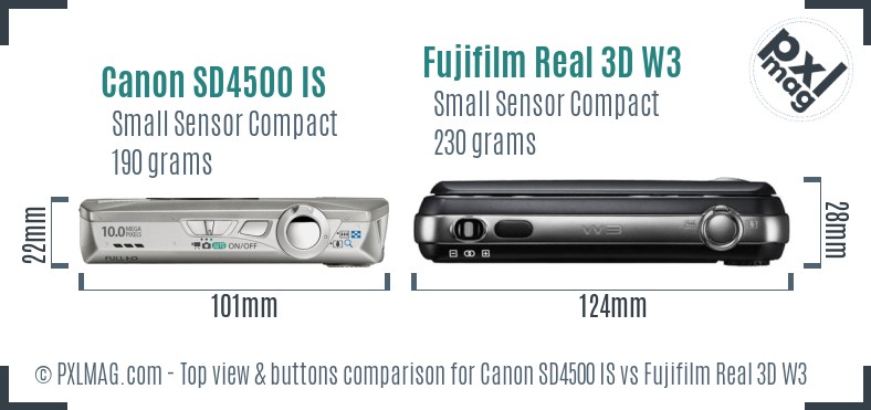 Canon SD4500 IS vs Fujifilm Real 3D W3 top view buttons comparison