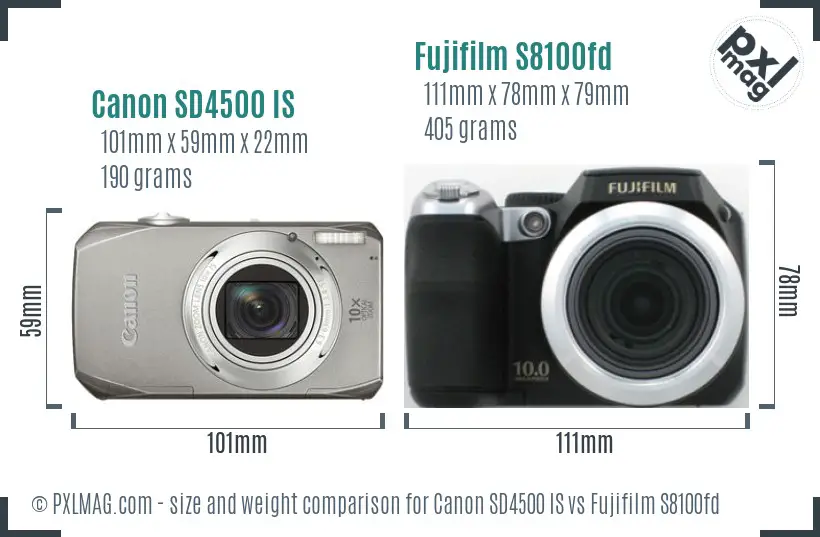 Canon SD4500 IS vs Fujifilm S8100fd size comparison