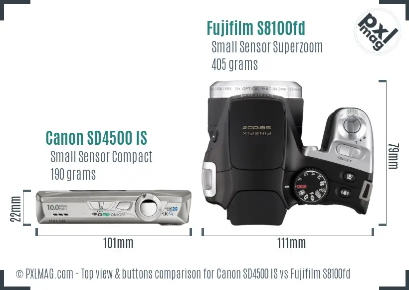 Canon SD4500 IS vs Fujifilm S8100fd top view buttons comparison