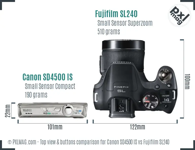 Canon SD4500 IS vs Fujifilm SL240 top view buttons comparison