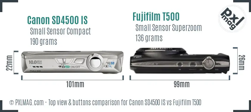 Canon SD4500 IS vs Fujifilm T500 top view buttons comparison