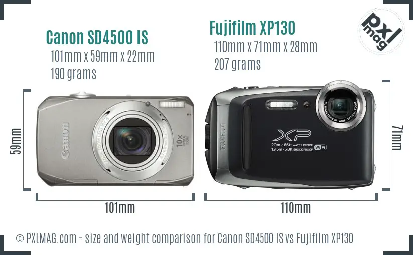 Canon SD4500 IS vs Fujifilm XP130 size comparison