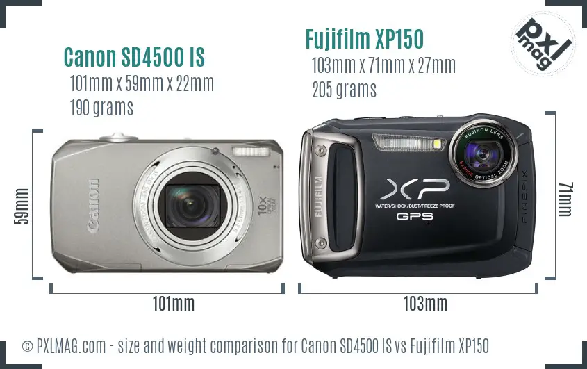 Canon SD4500 IS vs Fujifilm XP150 size comparison