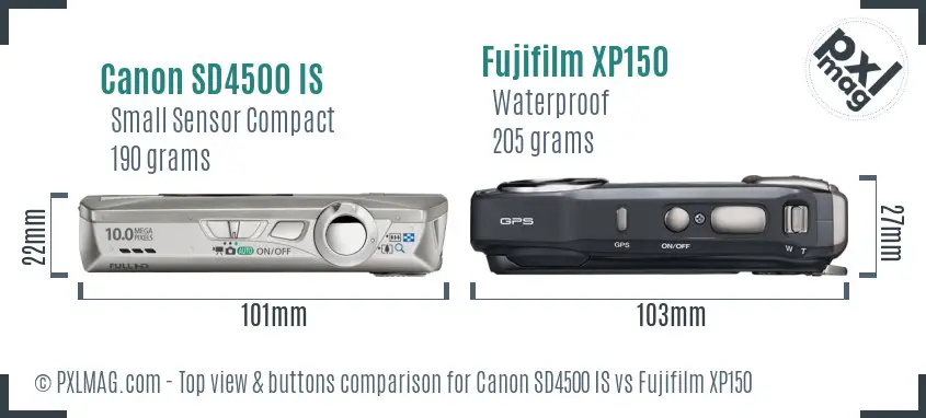 Canon SD4500 IS vs Fujifilm XP150 top view buttons comparison