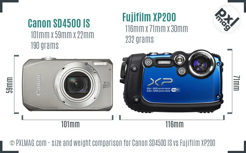 Canon SD4500 IS vs Fujifilm XP200 size comparison