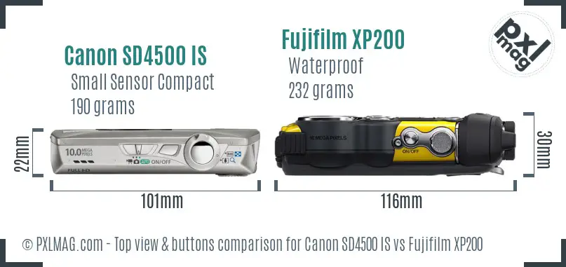 Canon SD4500 IS vs Fujifilm XP200 top view buttons comparison