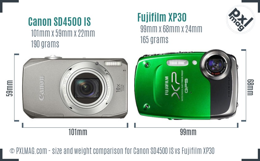 Canon SD4500 IS vs Fujifilm XP30 size comparison