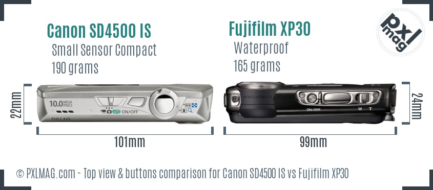 Canon SD4500 IS vs Fujifilm XP30 top view buttons comparison