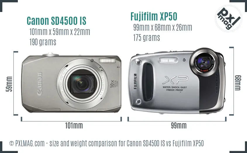 Canon SD4500 IS vs Fujifilm XP50 size comparison