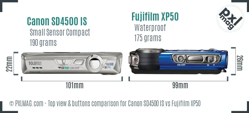 Canon SD4500 IS vs Fujifilm XP50 top view buttons comparison