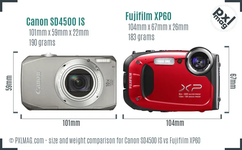 Canon SD4500 IS vs Fujifilm XP60 size comparison