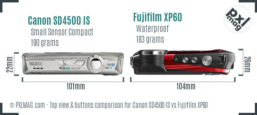 Canon SD4500 IS vs Fujifilm XP60 top view buttons comparison