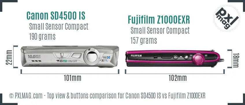Canon SD4500 IS vs Fujifilm Z1000EXR top view buttons comparison
